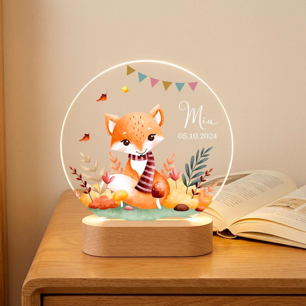 Personalized fox night light, custom name date LED acrylic lamp, woodland nursery decor, baby keepsake gift, newborn announcement