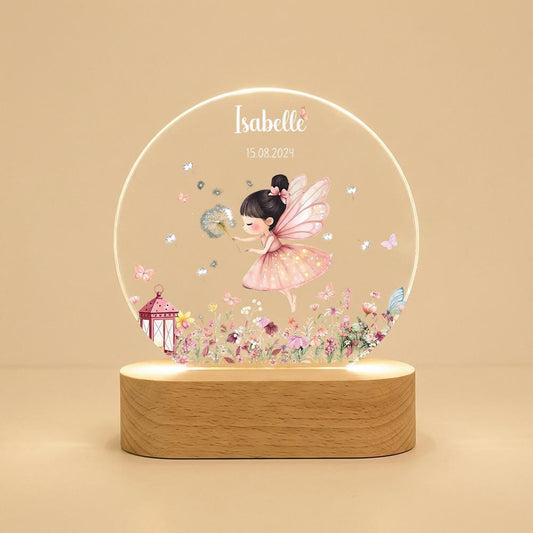 Personalized acrylic night light with fairy girl, name & date | nursery decor LED lamp | birthday christening baby shower gift
