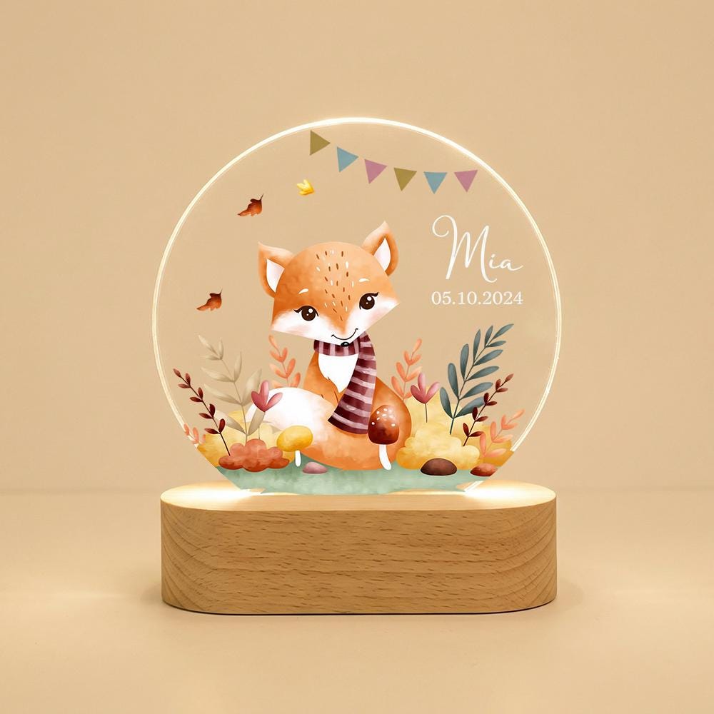 Personalized fox night light, custom name date LED acrylic lamp, woodland nursery decor, baby keepsake gift, newborn announcement