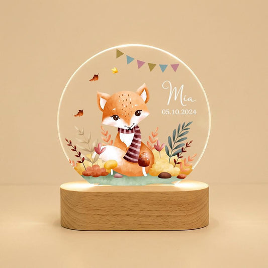 Personalized fox night light, custom name date LED acrylic lamp, woodland nursery decor, baby keepsake gift, newborn announcement