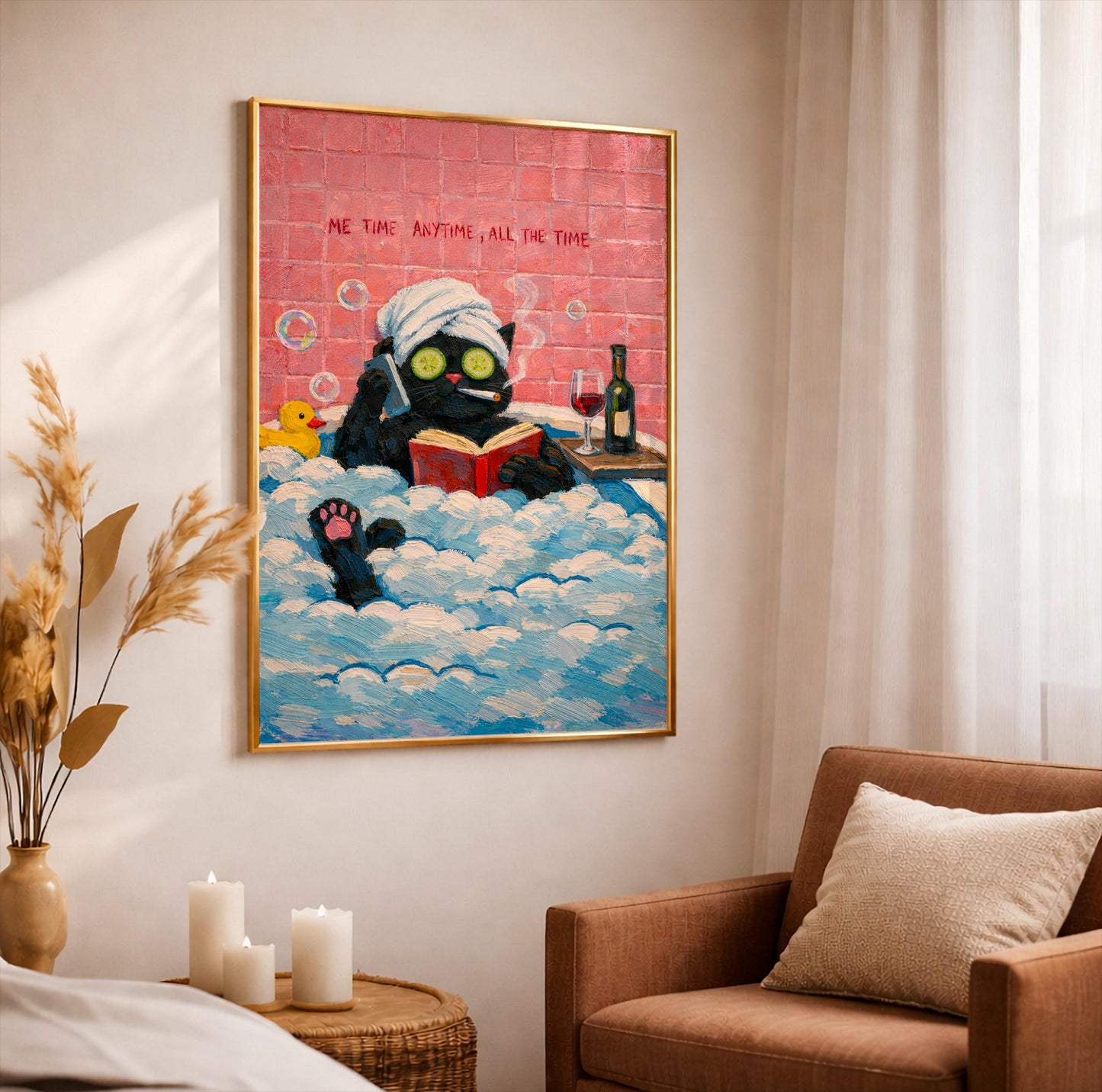 Funny Black Cat Bath Poster, Maximalist Bathroom Wall Art, Me Time Anytime Print, Weird Cat Lover Gift, Eclectic Pink Decor