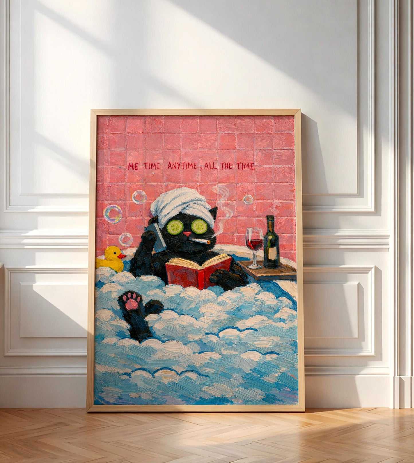Funny Black Cat Bath Poster, Maximalist Bathroom Wall Art, Me Time Anytime Print, Weird Cat Lover Gift, Eclectic Pink Decor