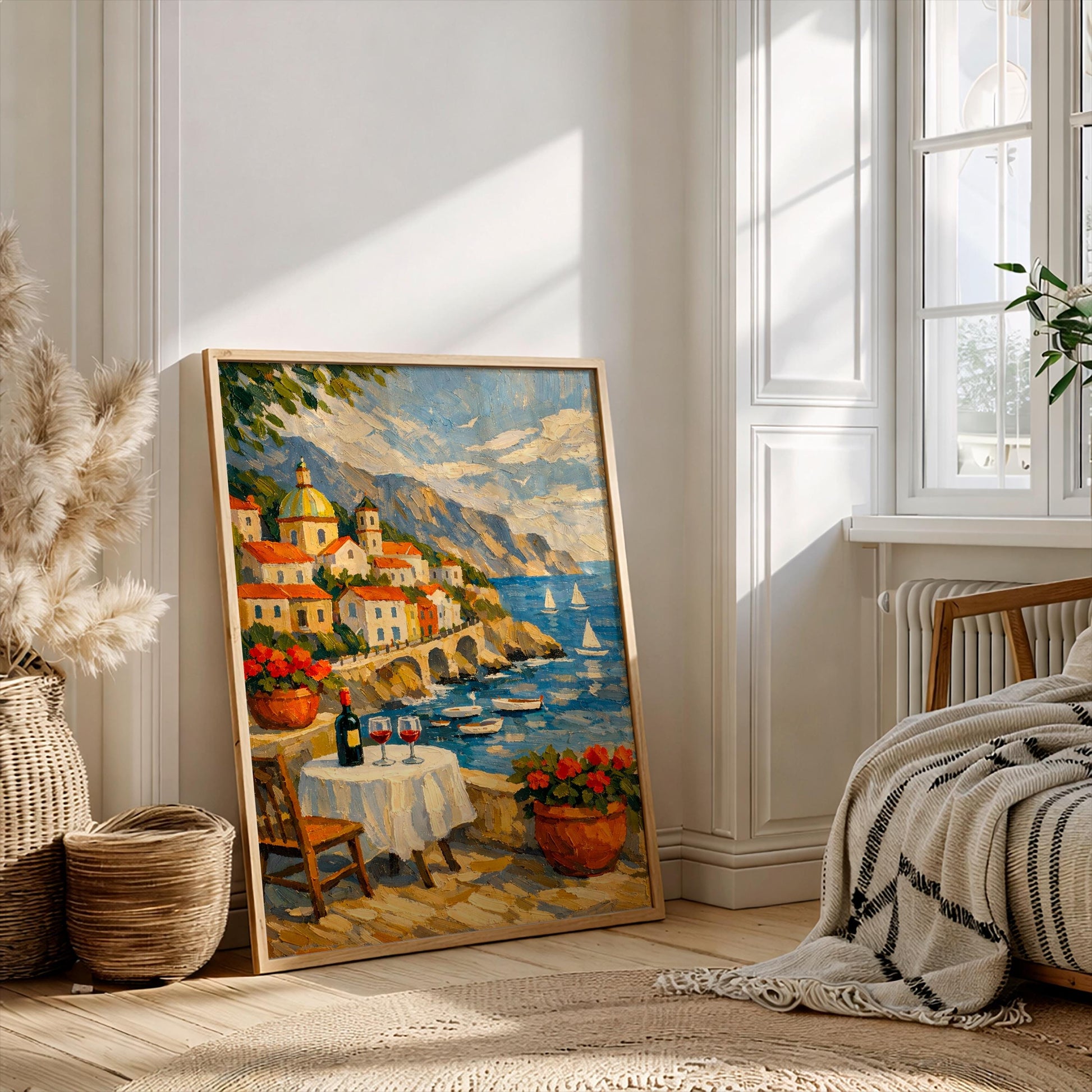 Amalfi Coast Wall Art Italy Poster Mediterranean Coastal Landscape Painting Italian Village Seascape Print Positano Home Decor Gift for Her