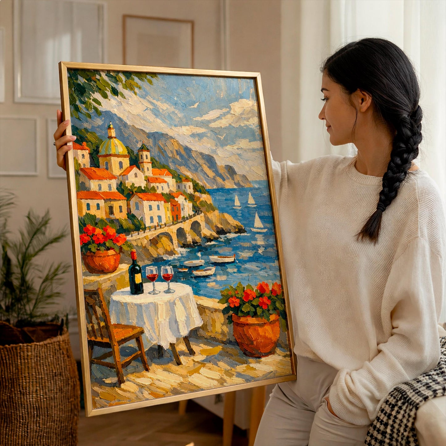 Amalfi Coast Wall Art Italy Poster Mediterranean Coastal Landscape Painting Italian Village Seascape Print Positano Home Decor Gift for Her
