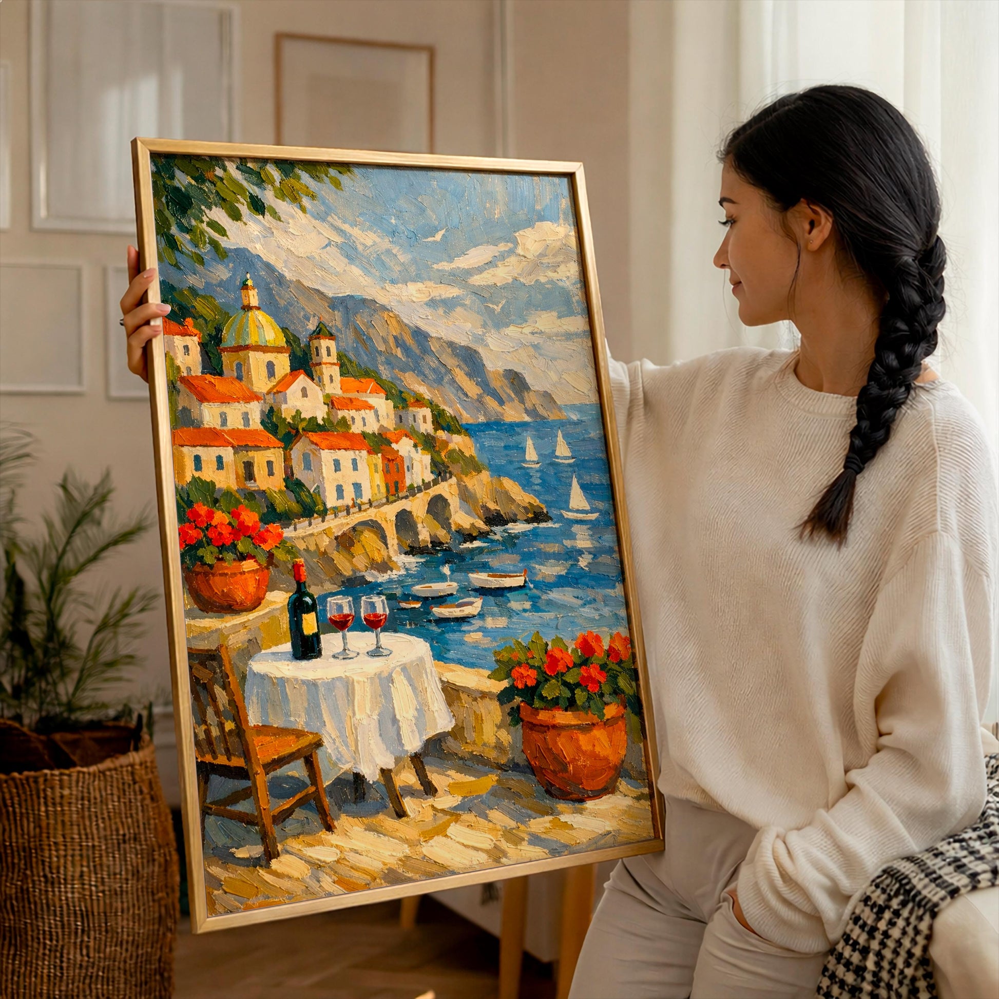Amalfi Coast Wall Art Italy Poster Mediterranean Coastal Landscape Painting Italian Village Seascape Print Positano Home Decor Gift for Her