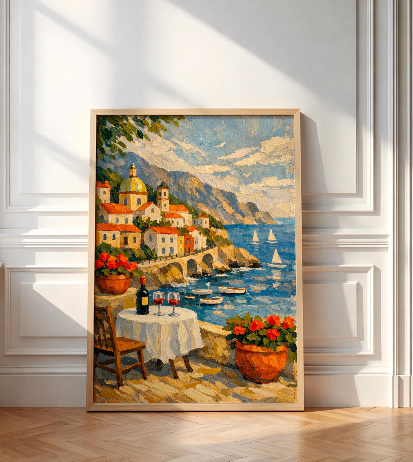 Amalfi Coast Wall Art Italy Poster Mediterranean Coastal Landscape Painting Italian Village Seascape Print Positano Home Decor Gift for Her