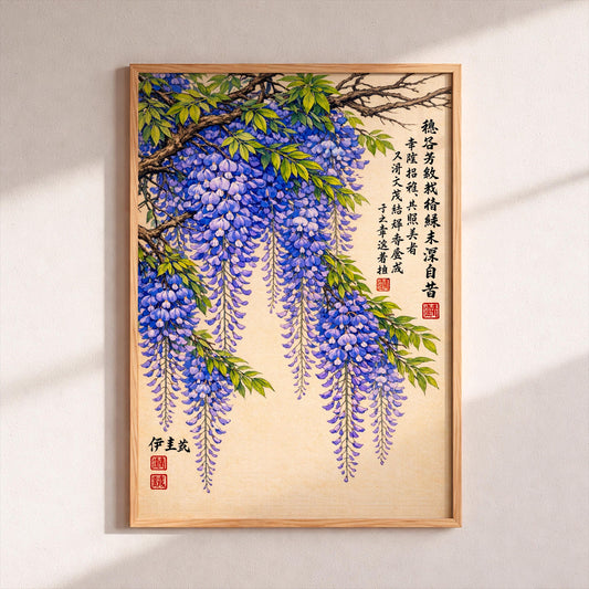 Vintage Wisteria Art Print, Chinese Floral Wall Art, Purple Botanical Poster, Asian Zen Decor, Japanese Style Flower Painting, Cottagecore