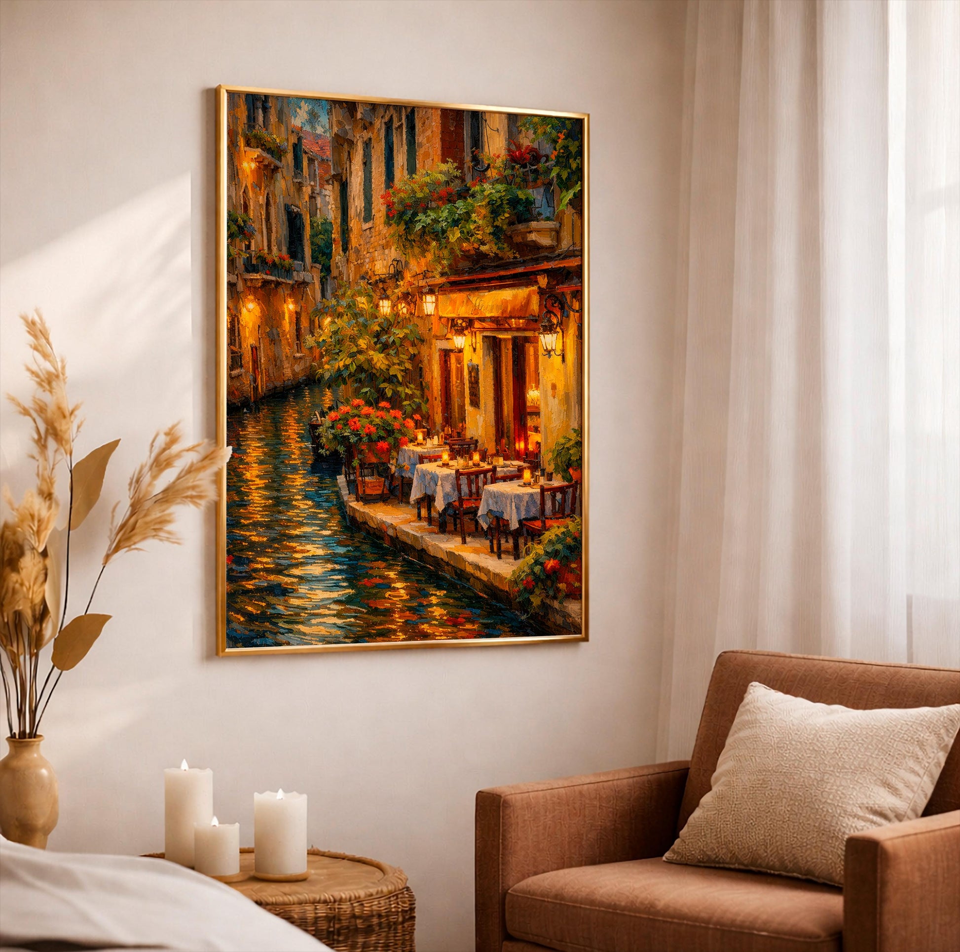 Venice Italy Travel Poster, Romantic Canal Restaurant Oil Painting, Venetian Cafe Wall Art, Italian Cityscape Print, Cozy Europe Home Decor