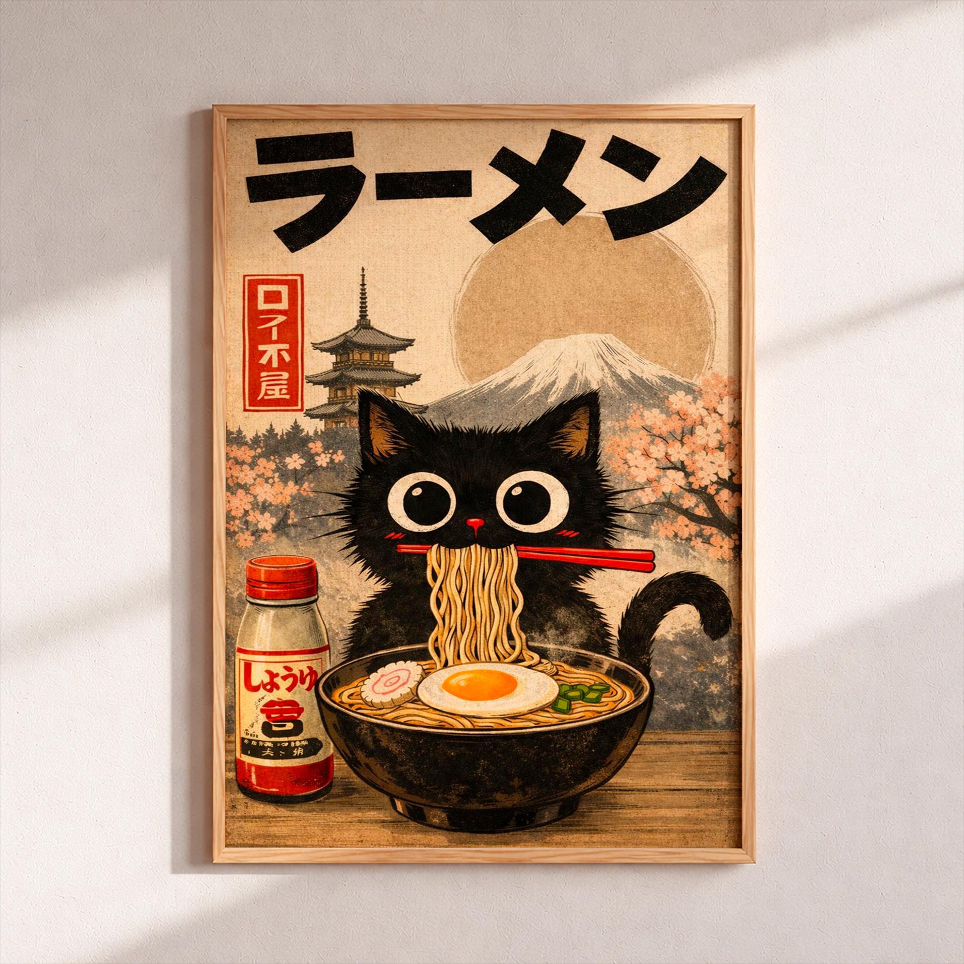 Ramen Cat Wall Art Japanese Anime Poster for Kitchen Decor, Cute Cat Illustration Print, Unique Gift for Cat Lovers and Ramen Fans