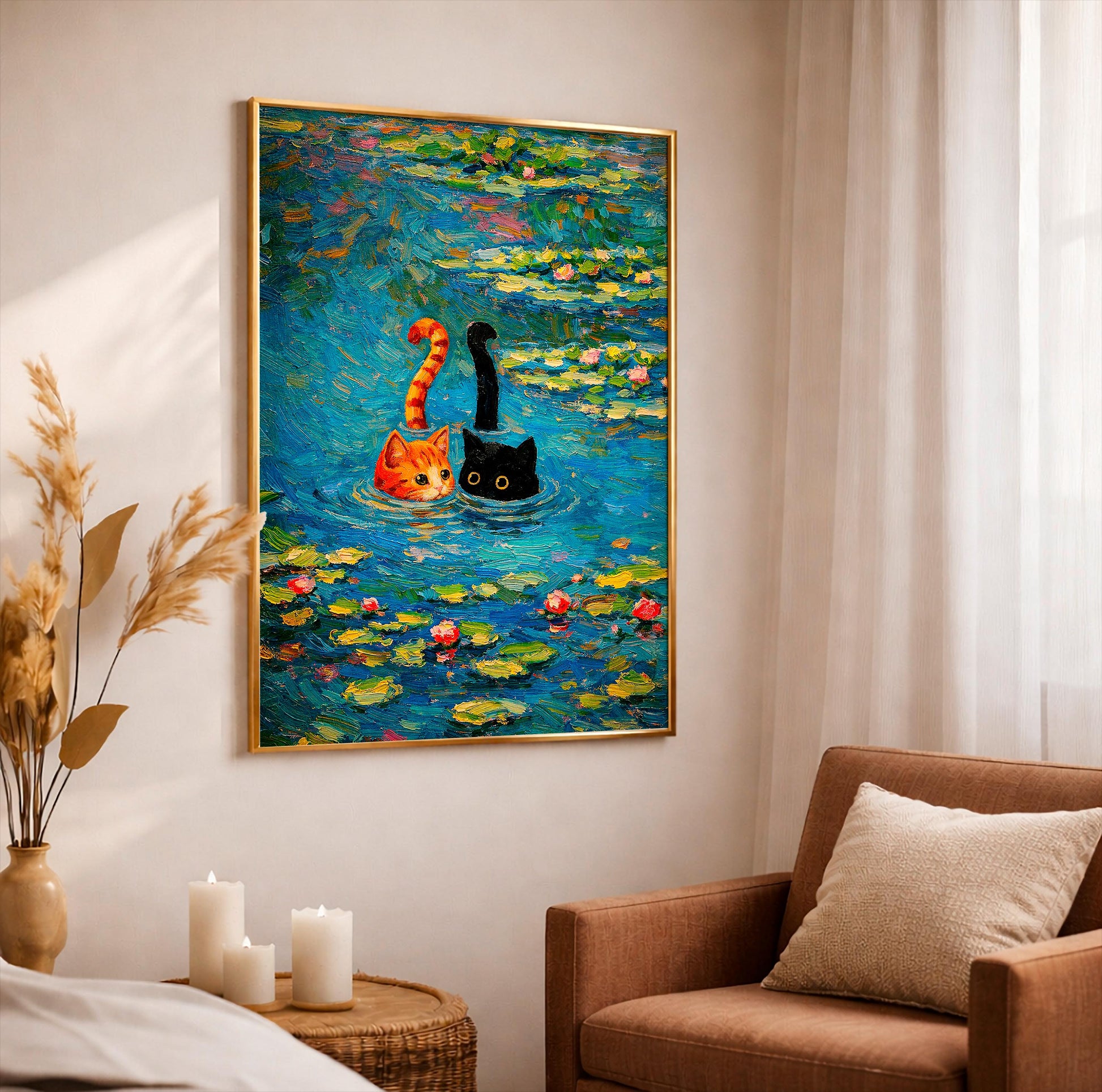 Monet Water Lily Cats Art Print - Funny Black and Orange Cat Pond Poster - Whimsical Impressionist Wall Art - Gift for Cat Lover Home Decor