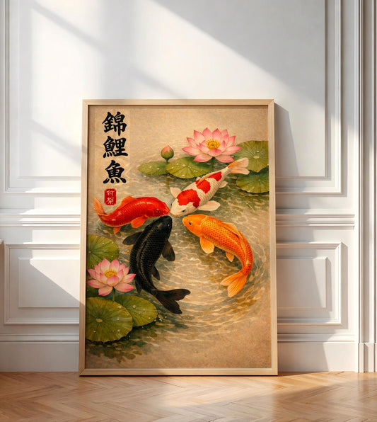 Japanese Koi Fish Wall Art Print, Traditional Asian Lotus Pond Artwork, Zen Feng Shui Home Decor, Vintage Style Poster, Calming Nature Art
