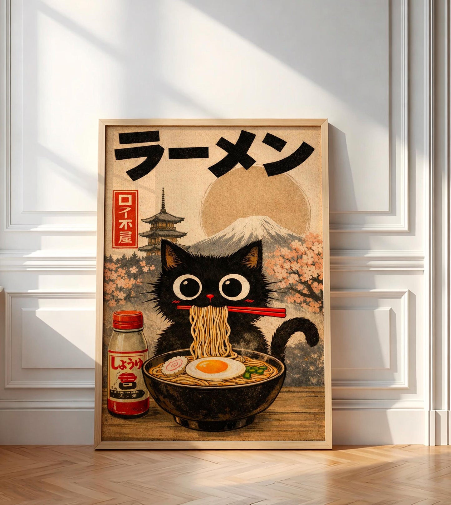 Ramen Cat Wall Art Japanese Anime Poster for Kitchen Decor, Cute Cat Illustration Print, Unique Gift for Cat Lovers and Ramen Fans