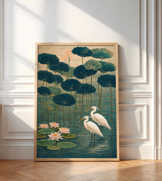 White Egrets & Lotus Flowers Poster, Vintage Japanese Style Wall Art, Chinoiserie Pond Decor, Oriental Bird Print, Asian Botanical Art Gift