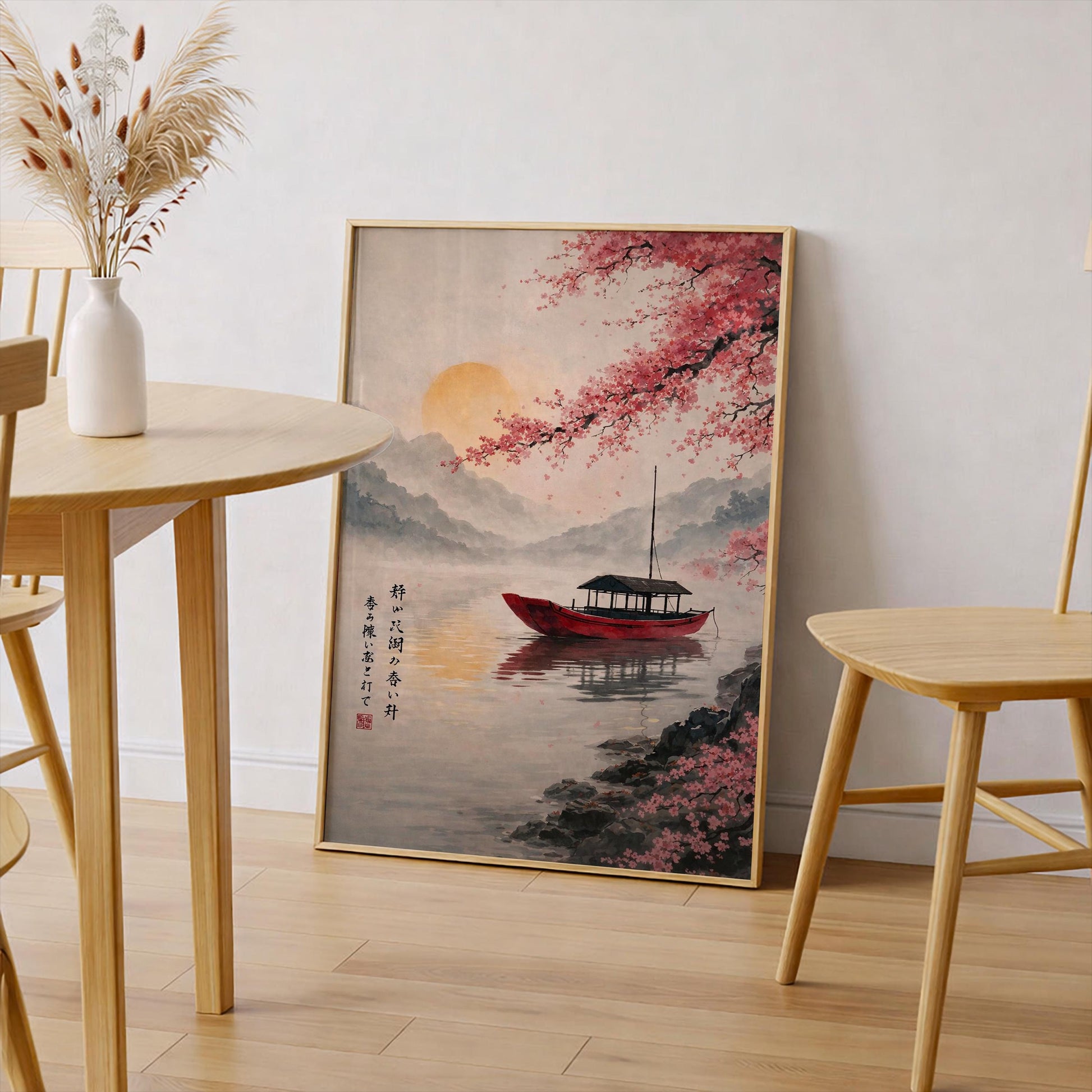 Japanese Cherry Blossom Wall Art, Zen Sakura Tree Canvas, Red Boat Lake Painting, Oriental Landscape Print, Japandi Home Decor, Asian Gift