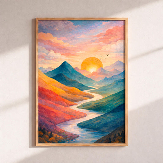 Vibrant Mountain Sunset Watercolor Art Print, Abstract Landscape Wall Decor, Colorful River Valley Poster, Nature Lover Gift,Boho Home Decor