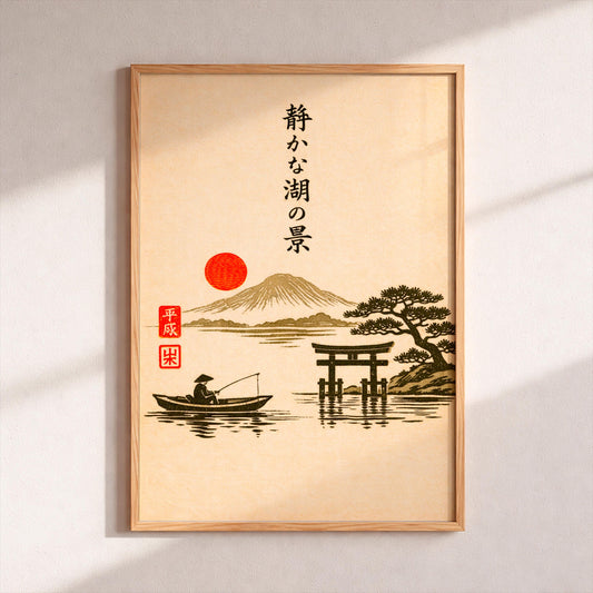 Japanese Wall Art Mount Fuji Poster, Vintage Ukiyo-e Woodblock Print, Red Sun Torii Gate Art, Zen Nature Landscape, Asian Home Decor Gift