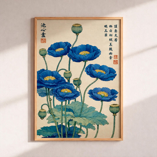 Vintage Himalayan Blue Poppy Flower Art Print, Japanese Ukiyo-e Style Floral Wall Decor, Antique Botanical Poster, Zen Asian Nature Wall Art