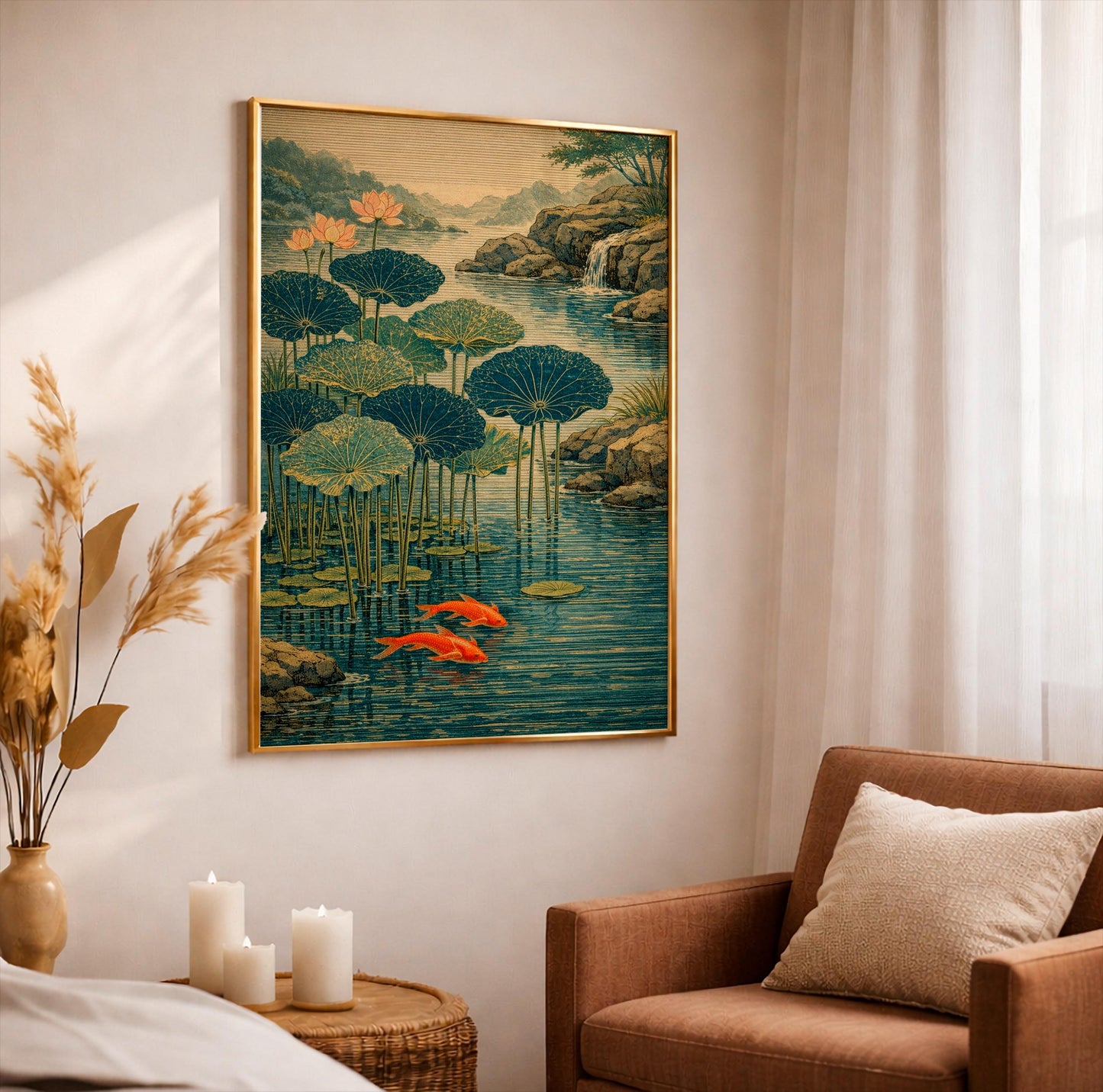 Japanese Koi Pond Art, Lotus Flower Poster, Zen Garden Wall Decor, Japandi Style Print, Wabi Sabi Artwork, Asian Nature Gift, Shin Hanga Art