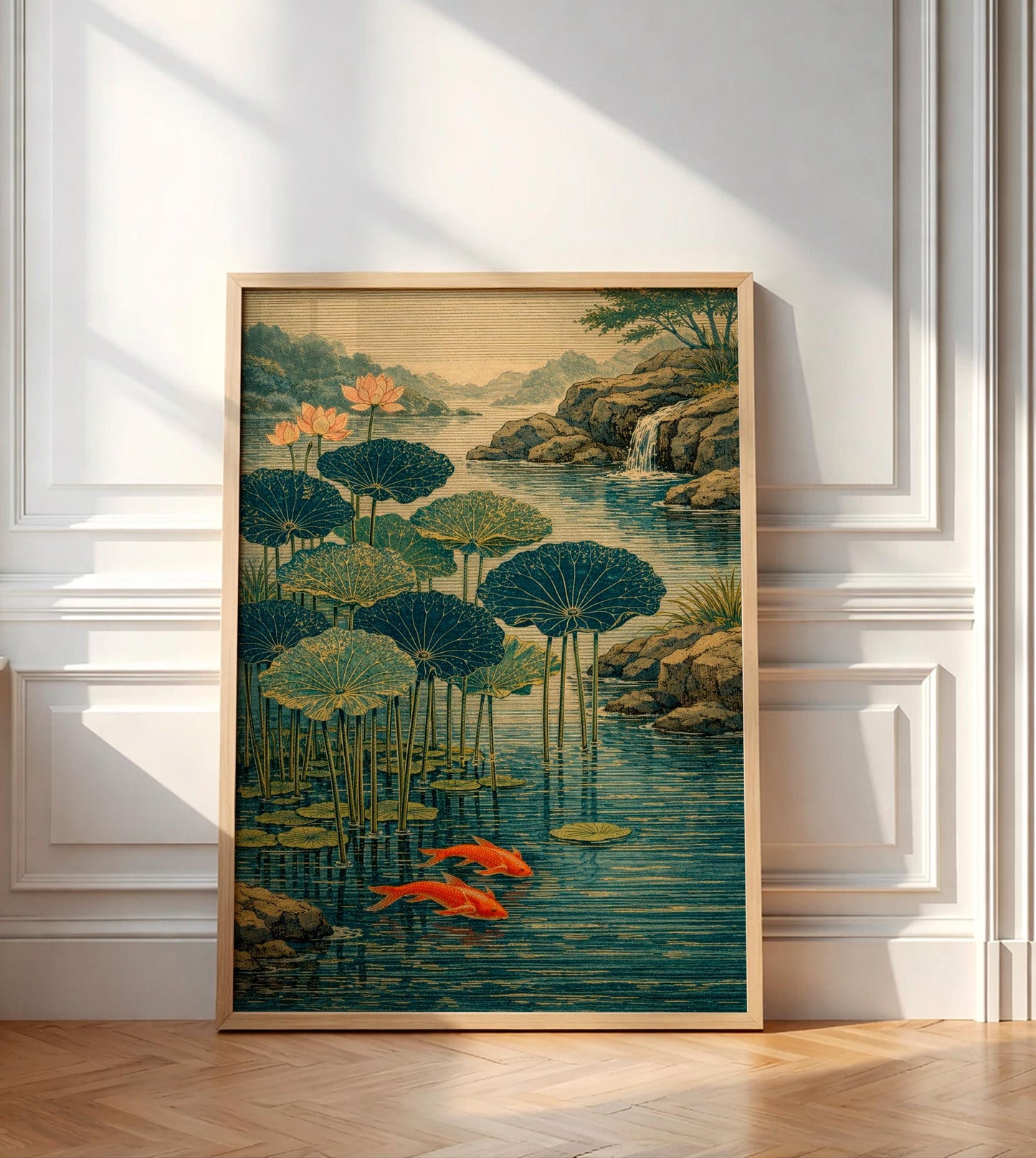 Japanese Koi Pond Art, Lotus Flower Poster, Zen Garden Wall Decor, Japandi Style Print, Wabi Sabi Artwork, Asian Nature Gift, Shin Hanga Art