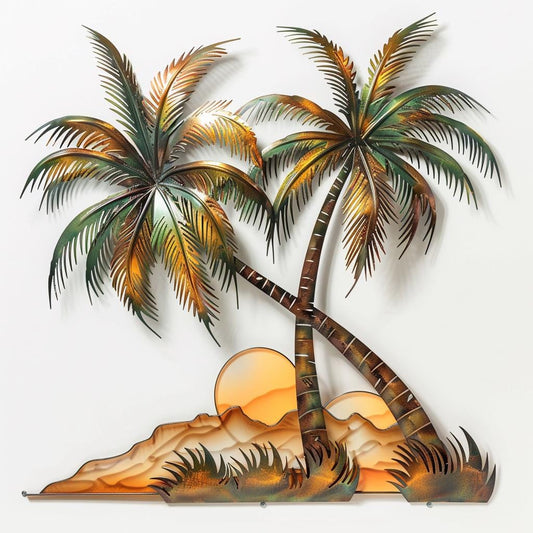 Summer Palm Tree Sunset Metal Sign, Coastal Beach Wall Art, Tropical Outdoor Decor