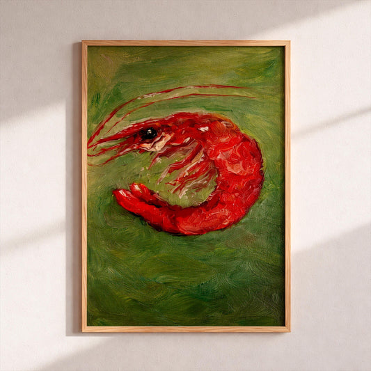 Red Shrimp Oil Painting Poster, Vintage Kitchen Wall Art, Seafood Still Life Print, Impressionist Coastal Decor, Prawn Foodie Gift for Home