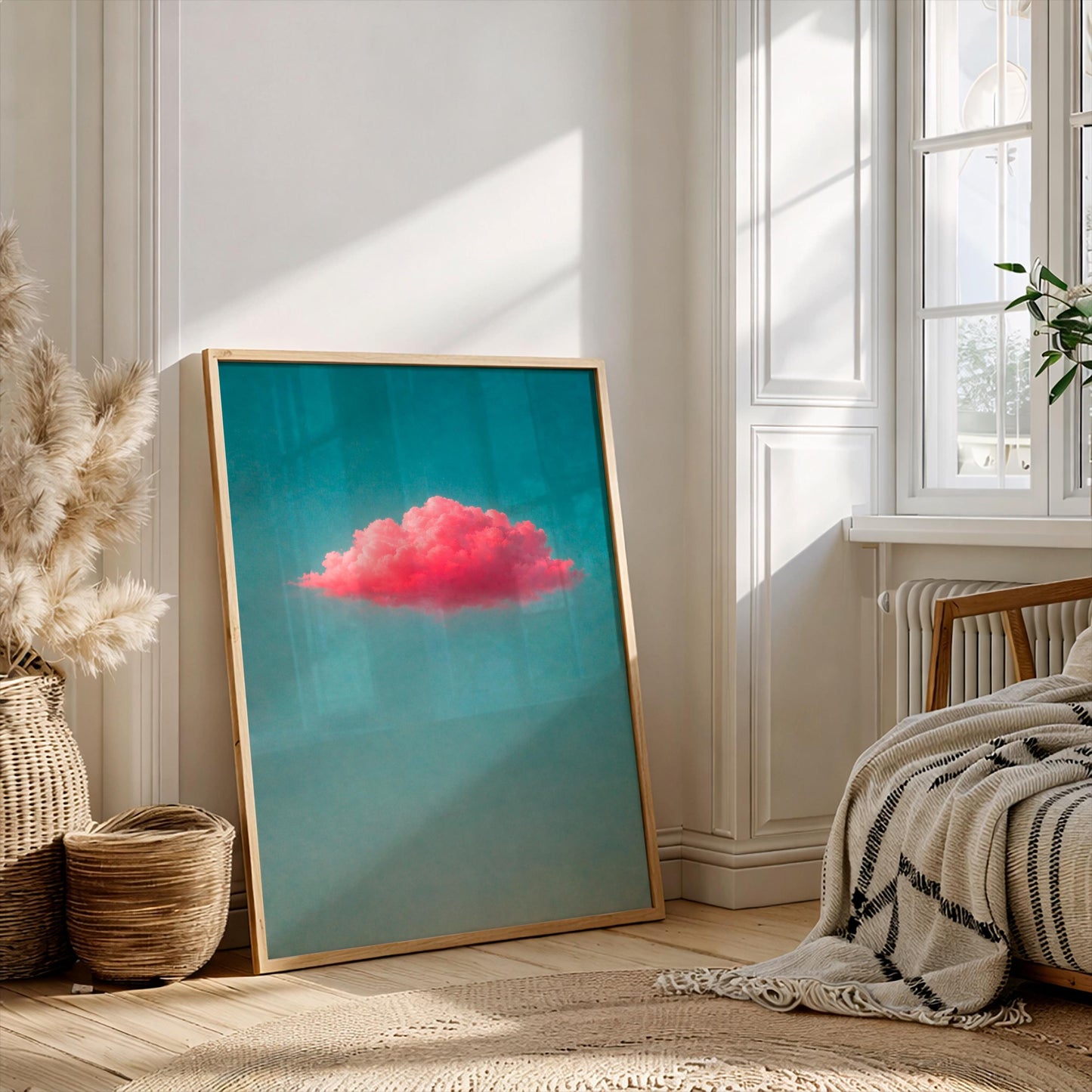 Pink Cloud Wall Art, Fluffy Pastel Clouds Poster, Dreamy Cotton Candy Sky Print, Aesthetic Teal Blue Background, Minimalist Home Decor Art