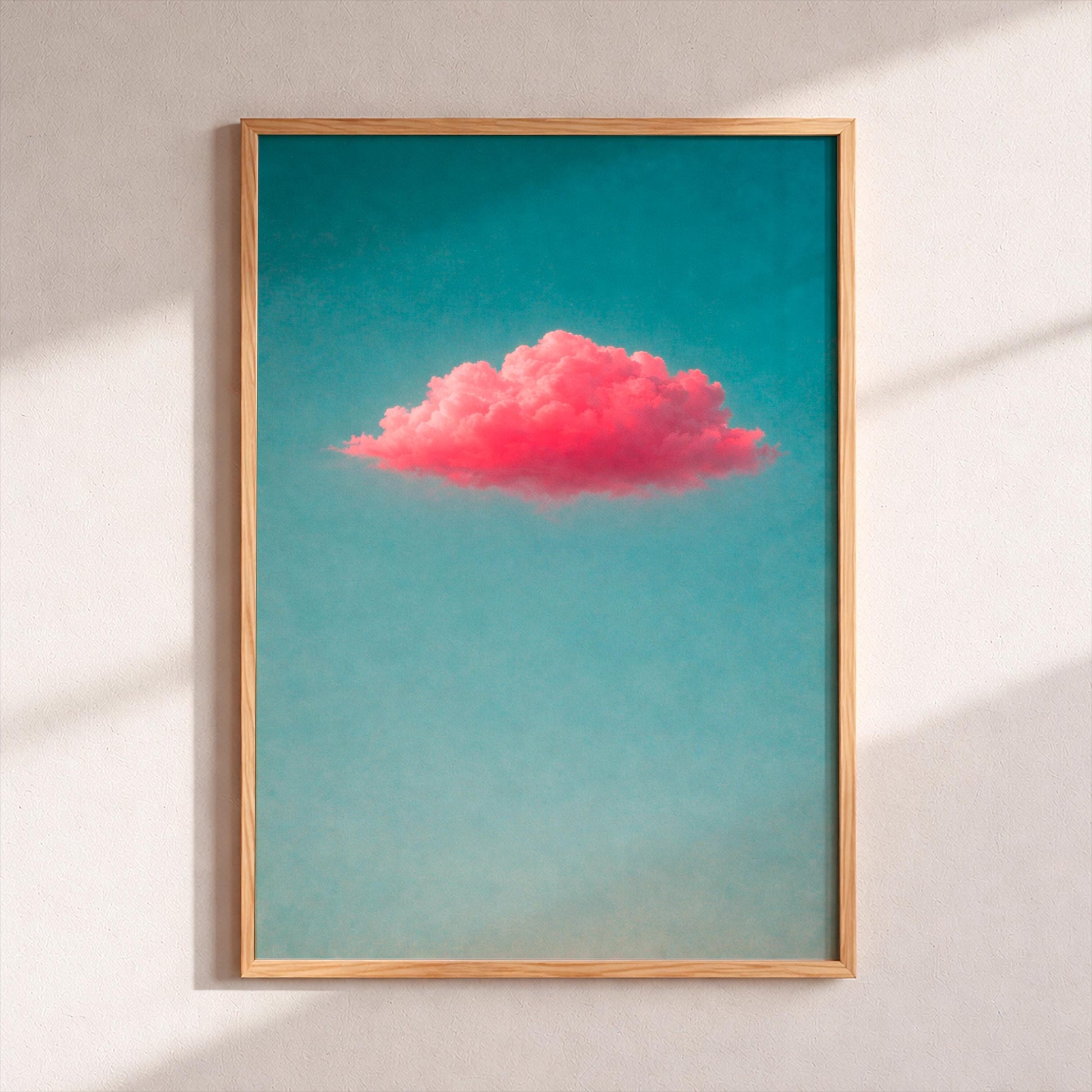 Pink Cloud Wall Art, Fluffy Pastel Clouds Poster, Dreamy Cotton Candy Sky Print, Aesthetic Teal Blue Background, Minimalist Home Decor Art