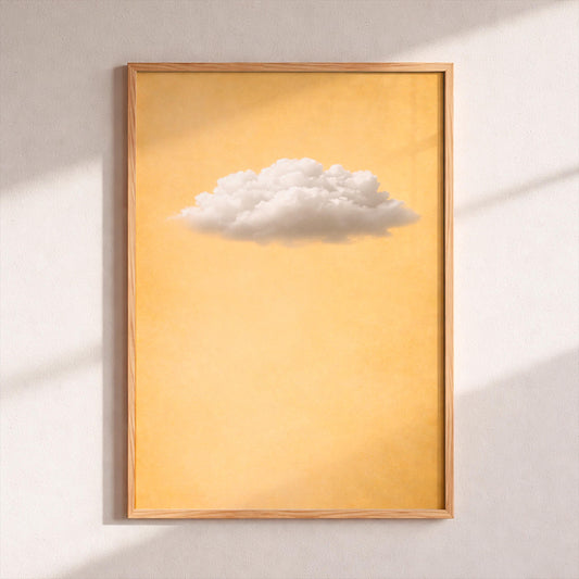 Minimalist White Cloud Wall Art, Vintage Yellow Sky Poster, Aesthetic Fluffy Cloud Print, Mustard Yellow Room Decor, Retro Surrealist Art