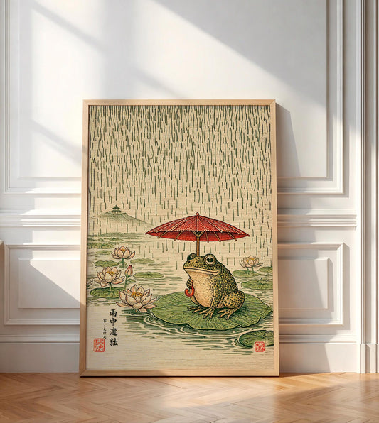 Japanese Frog Art Print, Vintage Ukiyo-e Frog with Umbrella, Matsumoto Hoji Style, Cute Animal Wall Decor, Zen Lotus Pond Woodblock Poster