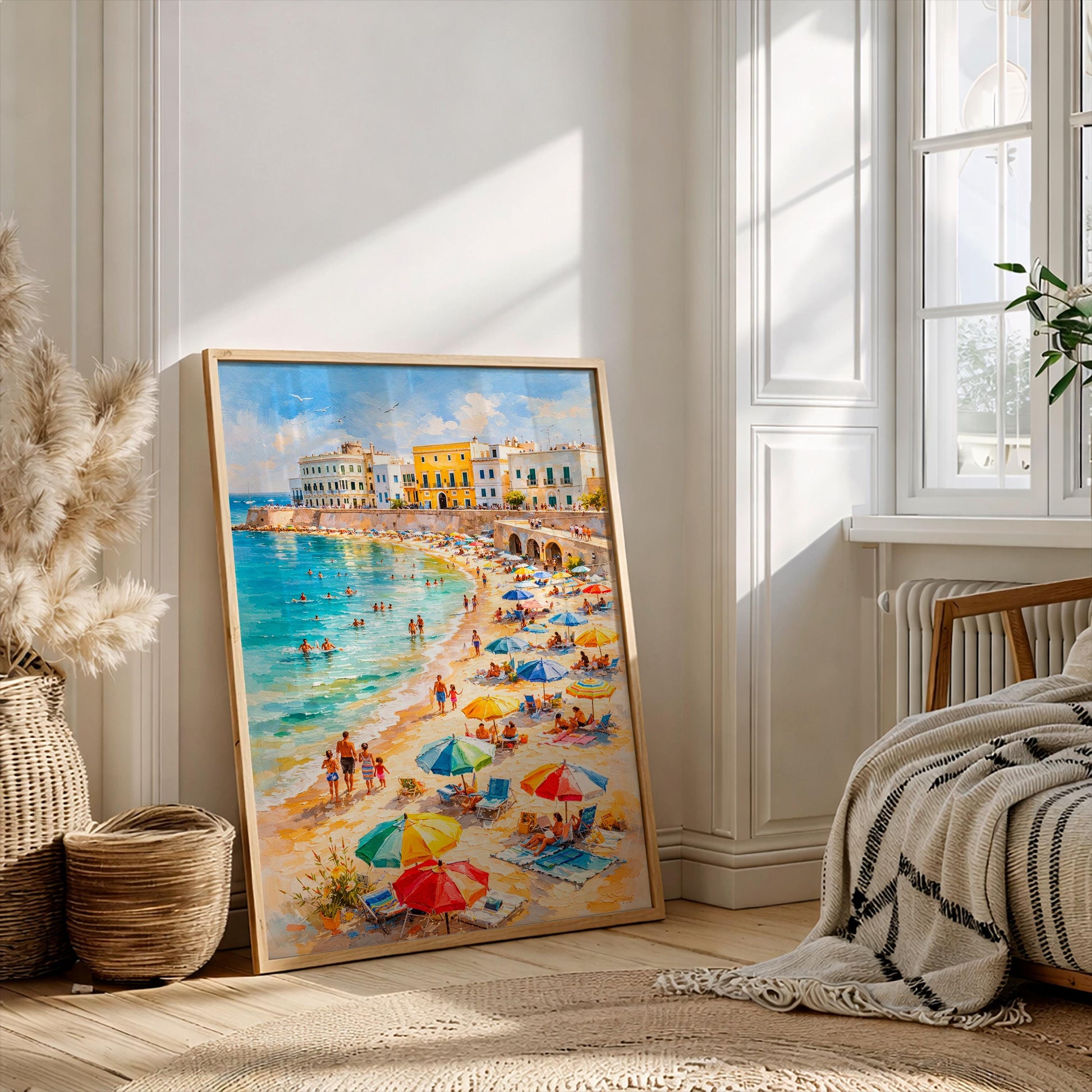 Impressionist Italian Gallipoli Poster, Sunny Puglia Beach Wall Art, Retro Summer Nature Print, Palette Knife Coastal Scene, Home Decor