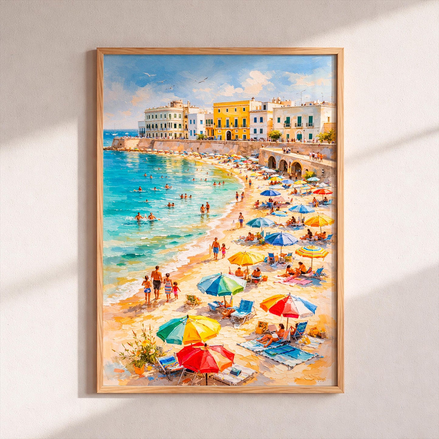 Impressionist Italian Gallipoli Poster, Sunny Puglia Beach Wall Art, Retro Summer Nature Print, Palette Knife Coastal Scene, Home Decor