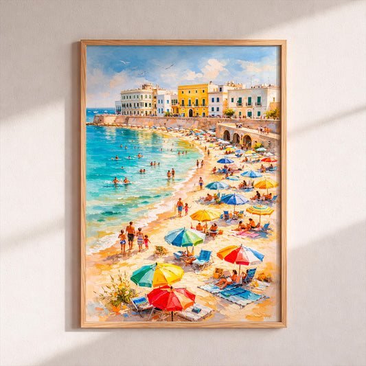 Impressionist Italian Gallipoli Poster, Sunny Puglia Beach Wall Art, Retro Summer Nature Print, Palette Knife Coastal Scene, Home Decor