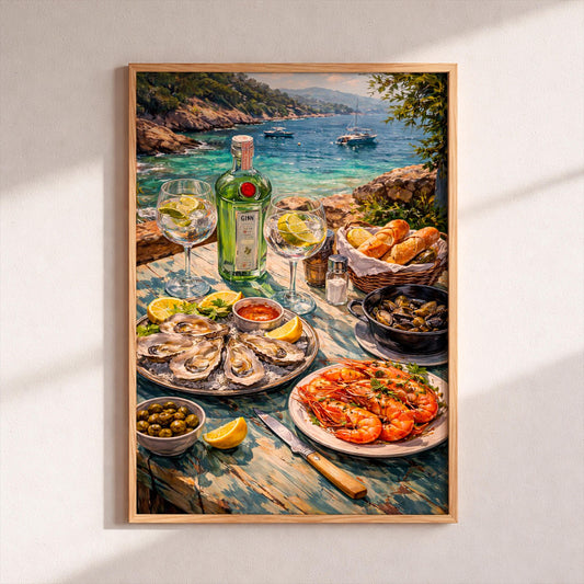Seafood Platter Art Print, Mediterranean Kitchen Wall Decor, Bar Cart Poster, Oysters and Prawns Still Life, Coastal Beach House Home Design