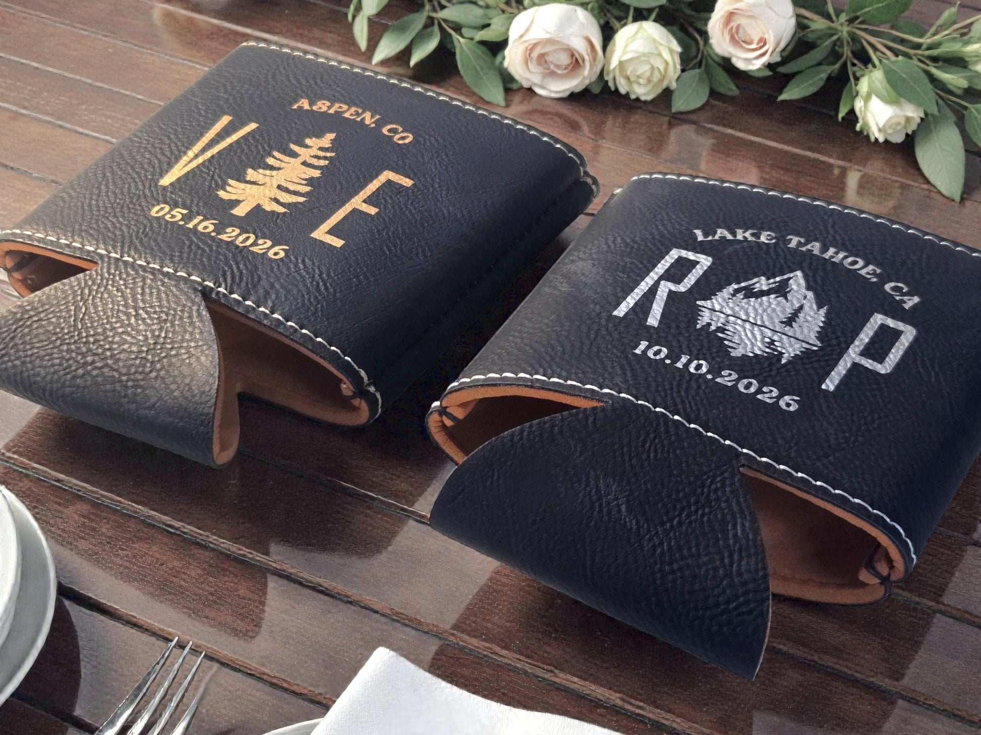 Bulk Wedding Favors, Engraved Leatherette Cozie Beverage Holder, Personalized Outdoors Wedding Guest Favor, Gold/Silver/Brown/Gray/Rawhide