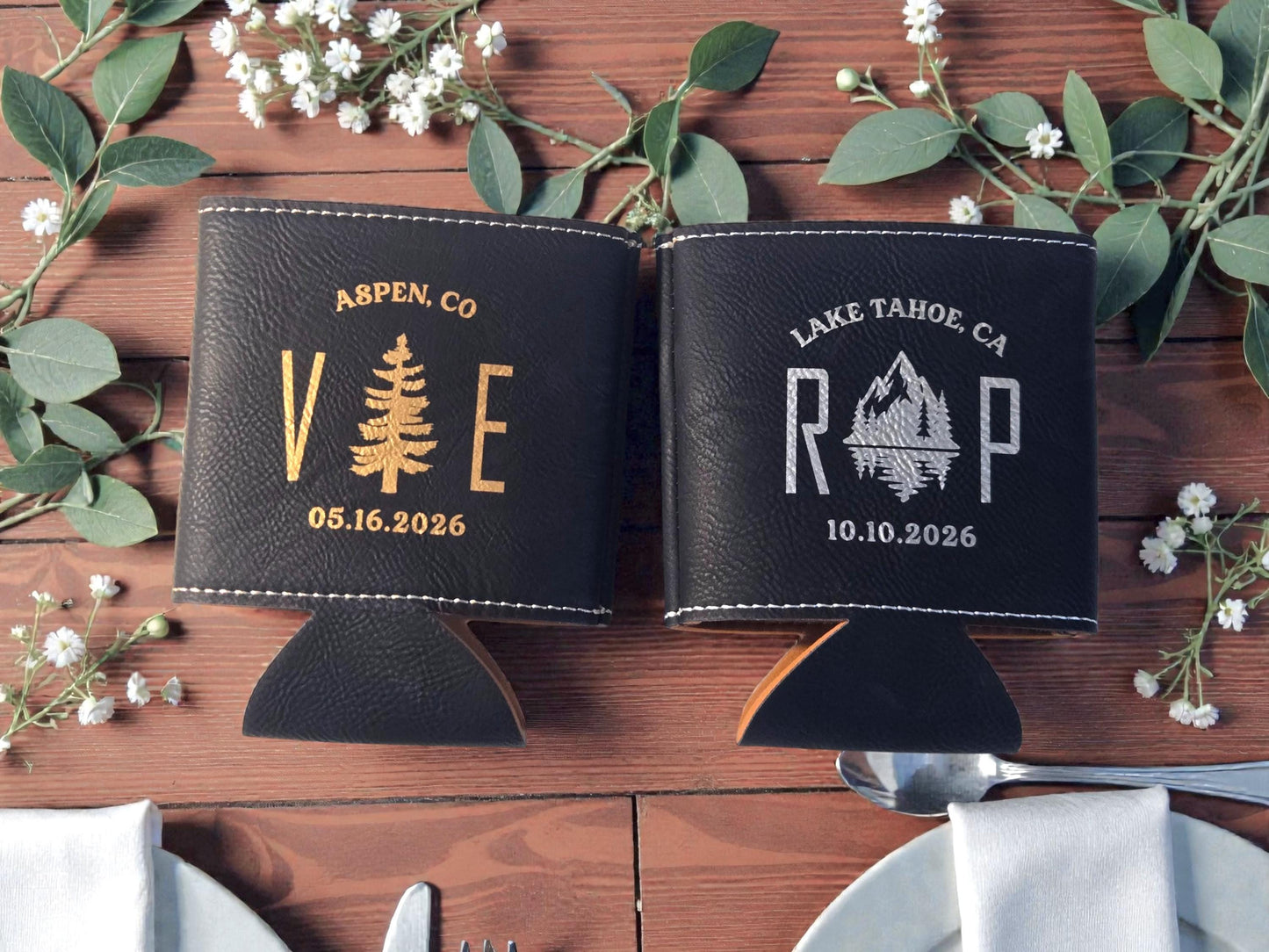 Bulk Wedding Favors, Engraved Leatherette Cozie Beverage Holder, Personalized Outdoors Wedding Guest Favor, Gold/Silver/Brown/Gray/Rawhide