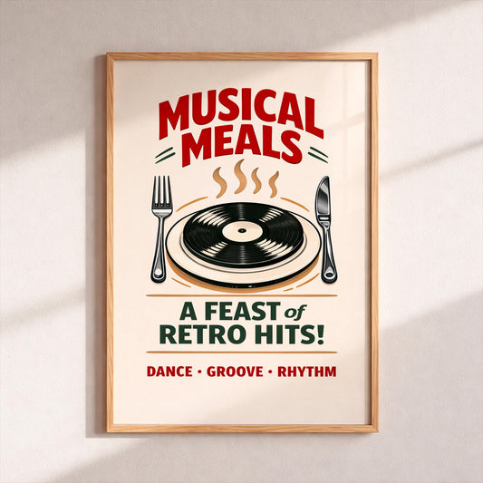 Retro Music Vinyl Poster Musical Meals Art Print Vintage Kitchen Decor Record Lover Gift Mid Century Modern Wall Art 50s Diner Style Hits