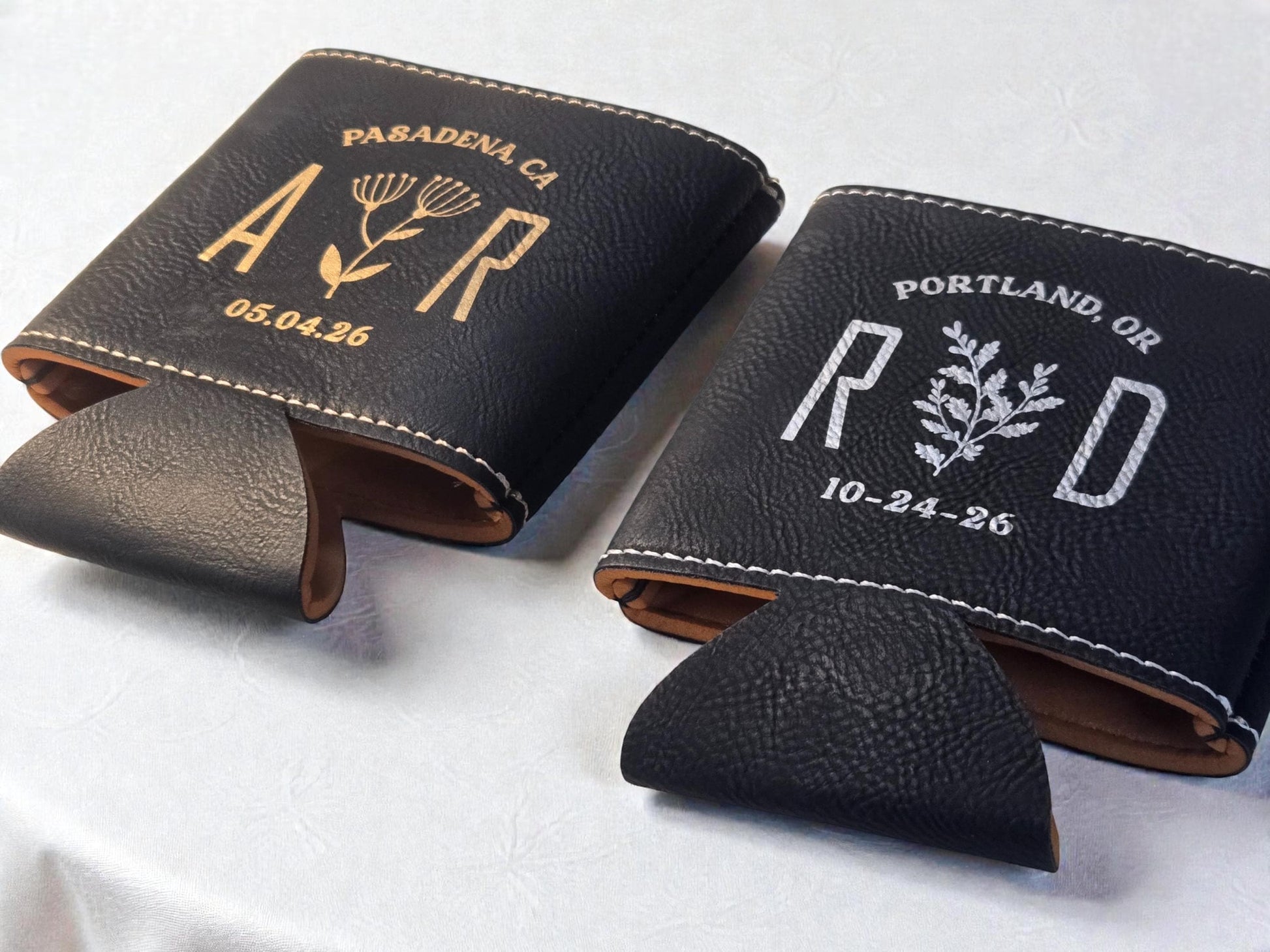 Botanical Wedding Favors, Engraved Leatherette Can Cozie Beverage Holder, Personalized Wedding Guest Favor, Gold/Silver/Brown/Rawhide/Gray