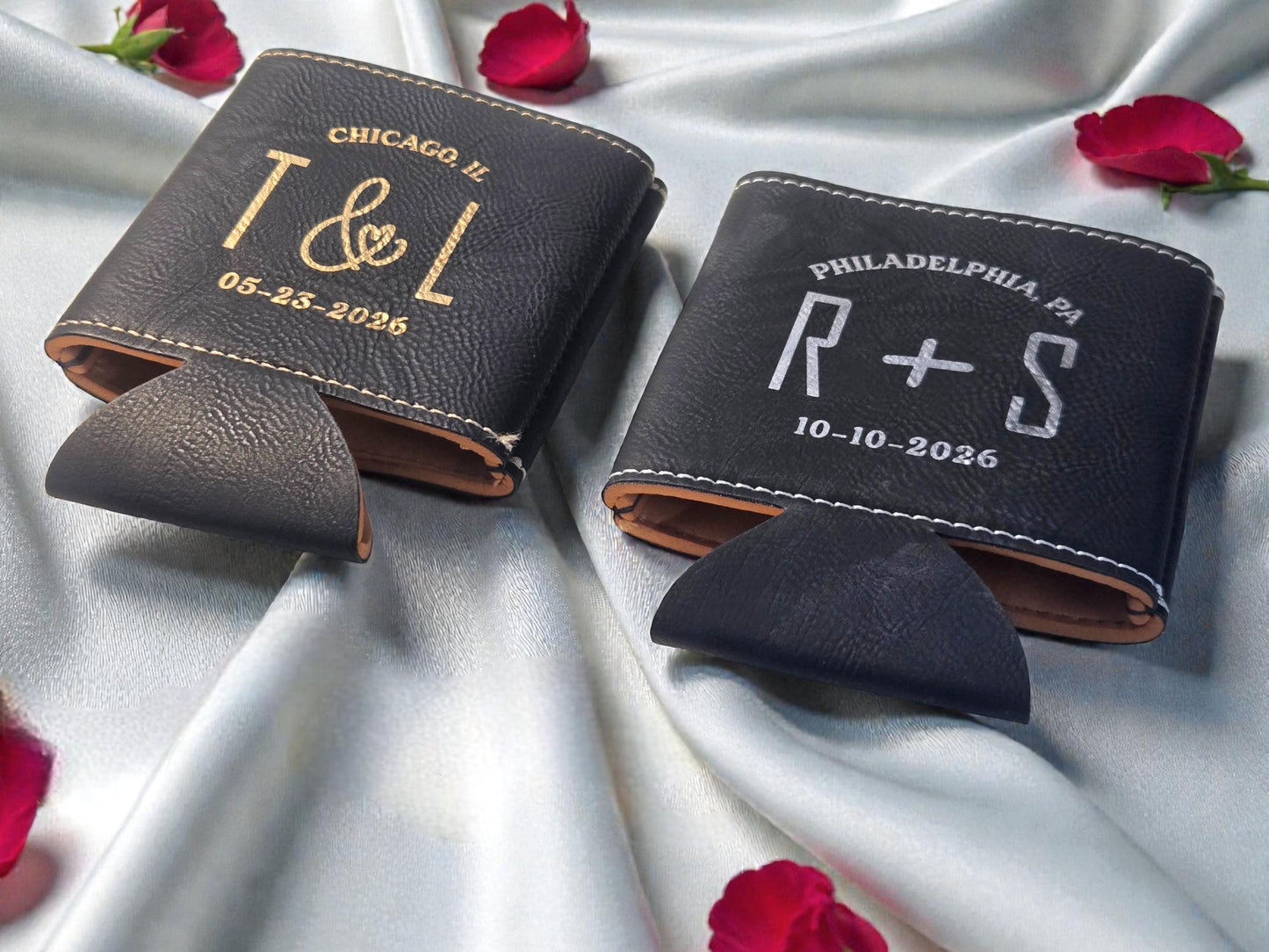 Classic Wedding Favors, Custom Leatherette Can Cozie Beverage Holder, Personalized Wedding Guest Favor, Gold/Silver/Brown/Rawhide/Gray