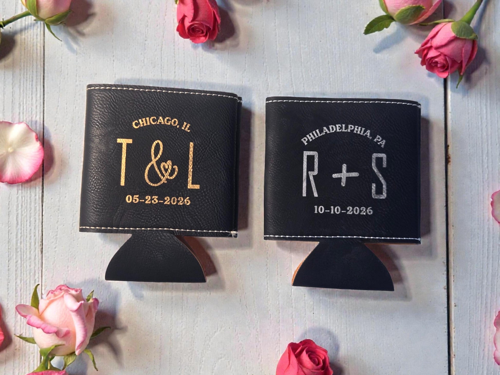 Classic Wedding Favors, Custom Leatherette Can Cozie Beverage Holder, Personalized Wedding Guest Favor, Gold/Silver/Brown/Rawhide/Gray