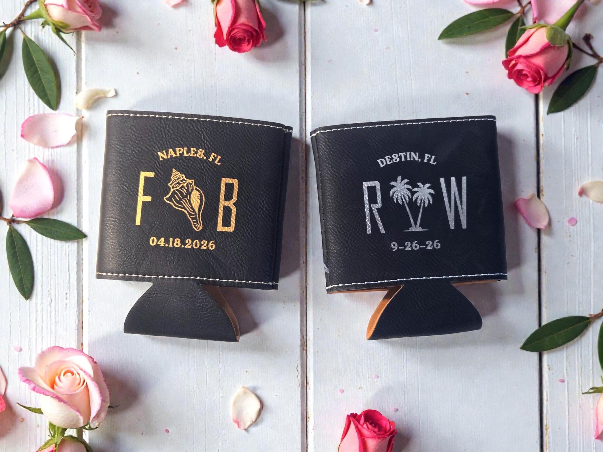 Beach Wedding Favors, Custom Engraved Leather Can Cozie Beverage Holder, Personalized Wedding Guest Favor, Gold/Silver/Brown/Rawhide/Gray