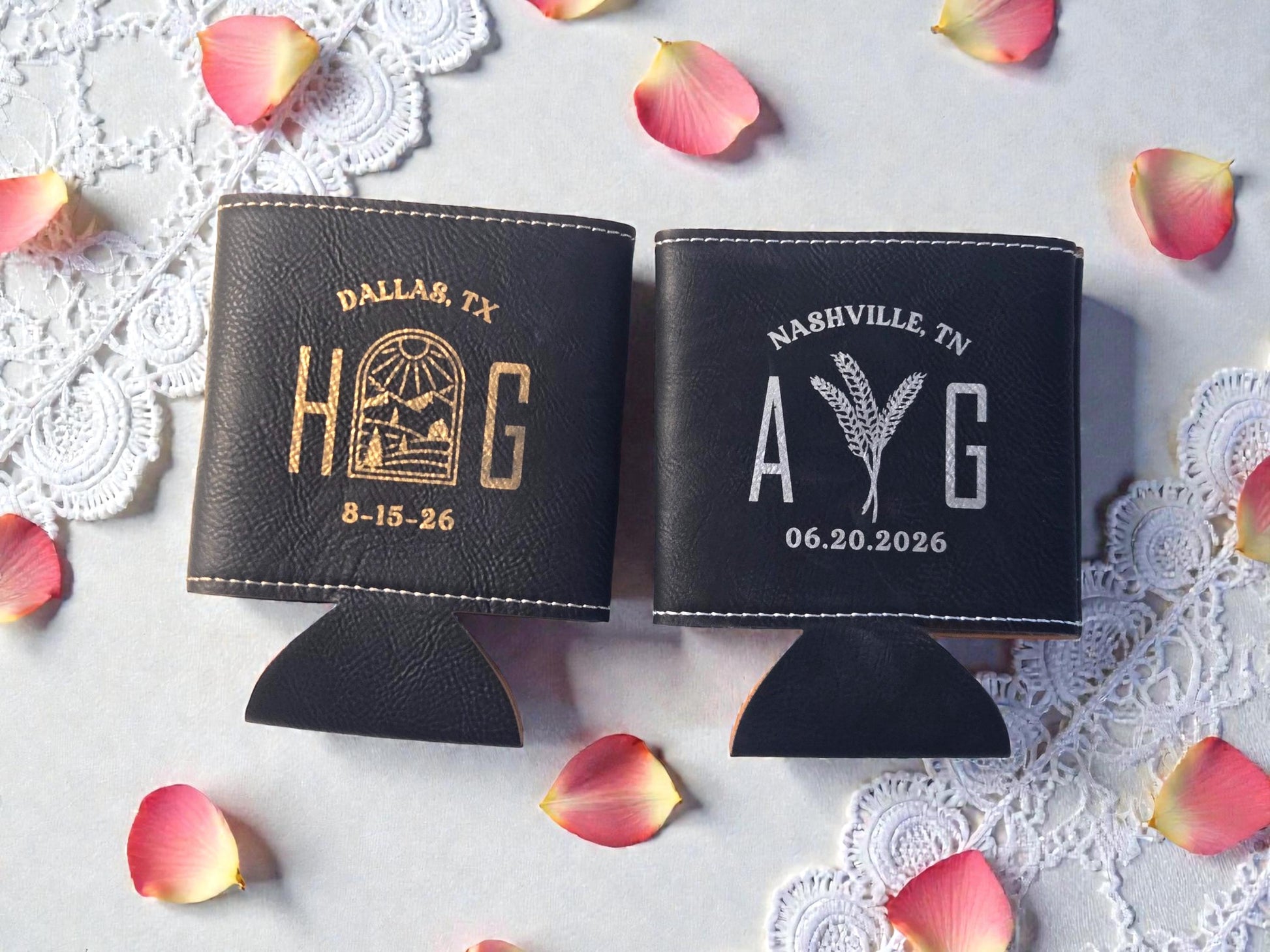 Farm Wedding Favors, Custom Engraved Leatherette Can Cozie Beverage Holder, Personalized Wedding Guest Favor, Gold/Silver/Gray/Rawhide/Brown