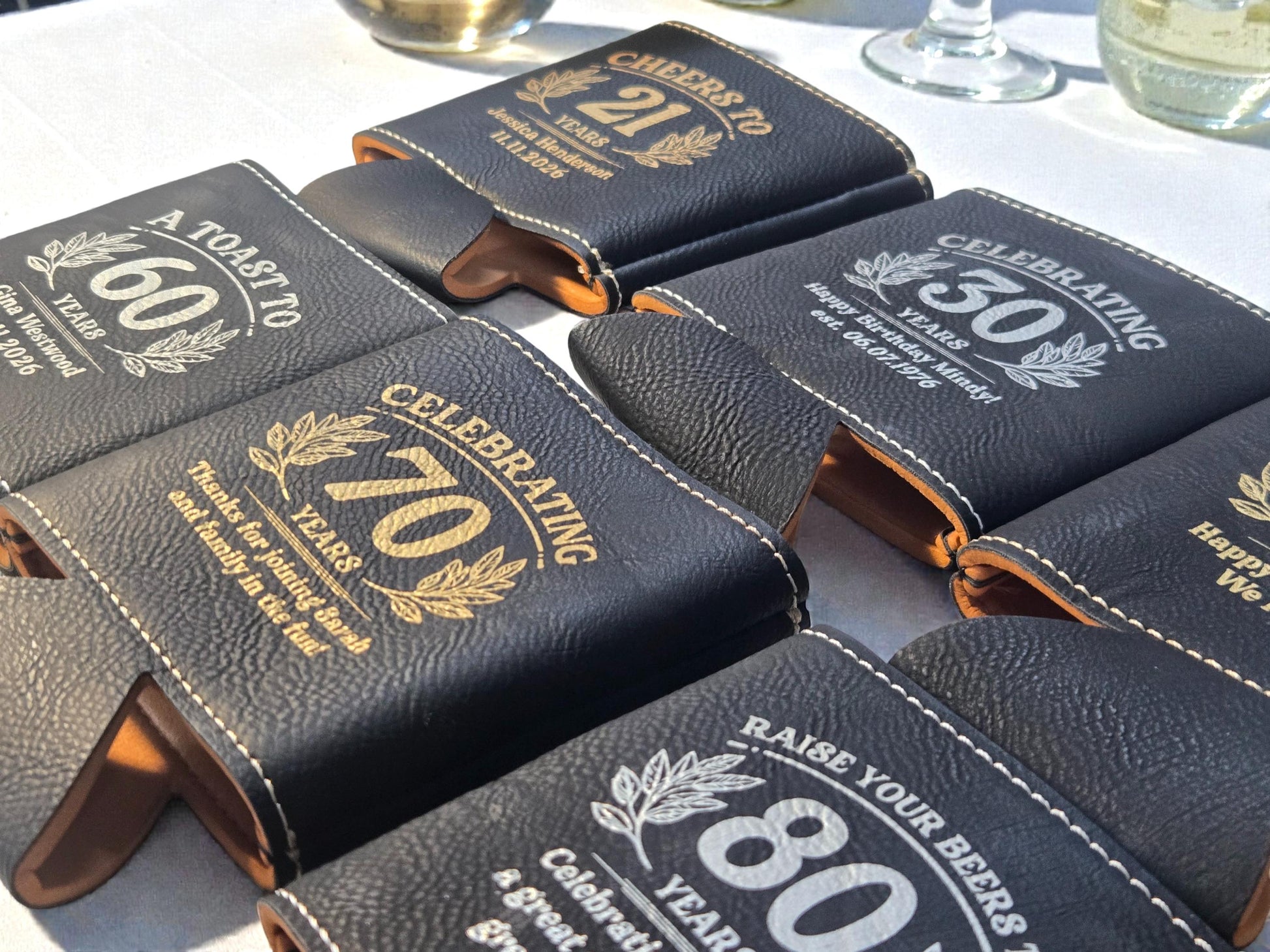 Milestone Birthday Party Favors, Personalized Engraved Leatherette Can Holder, Bulk Party Favor Gift, Gold/Silver/Gray/Rawhide/Brown
