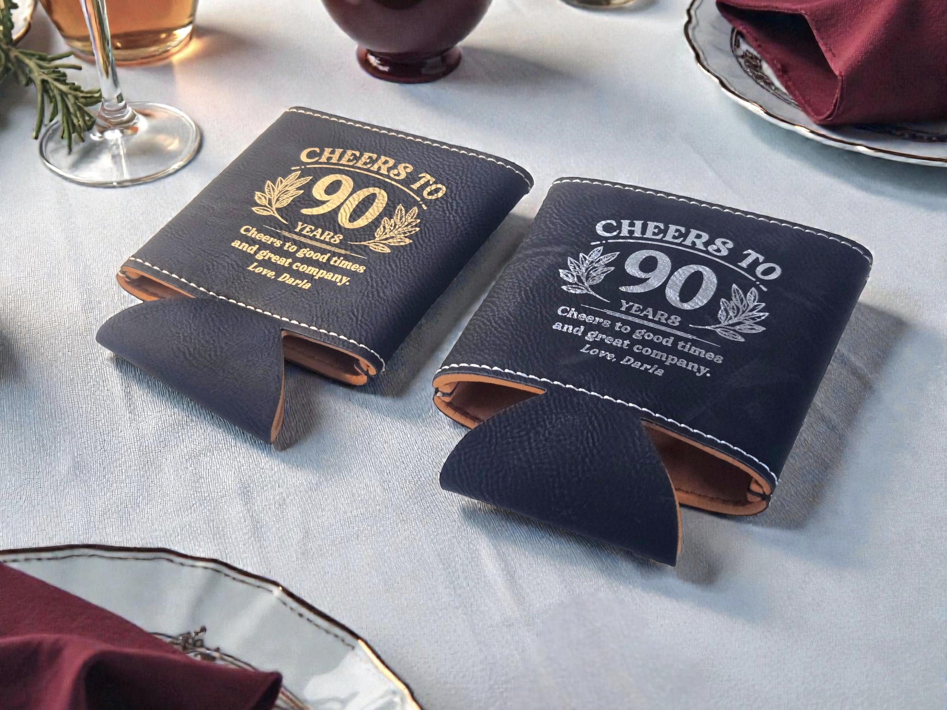90th Birthday Party Favors, Personalized Engraved Leatherette Can Holder, Bulk Party Favor Gift, Gold/Silver/Gray/Rawhide/Brown