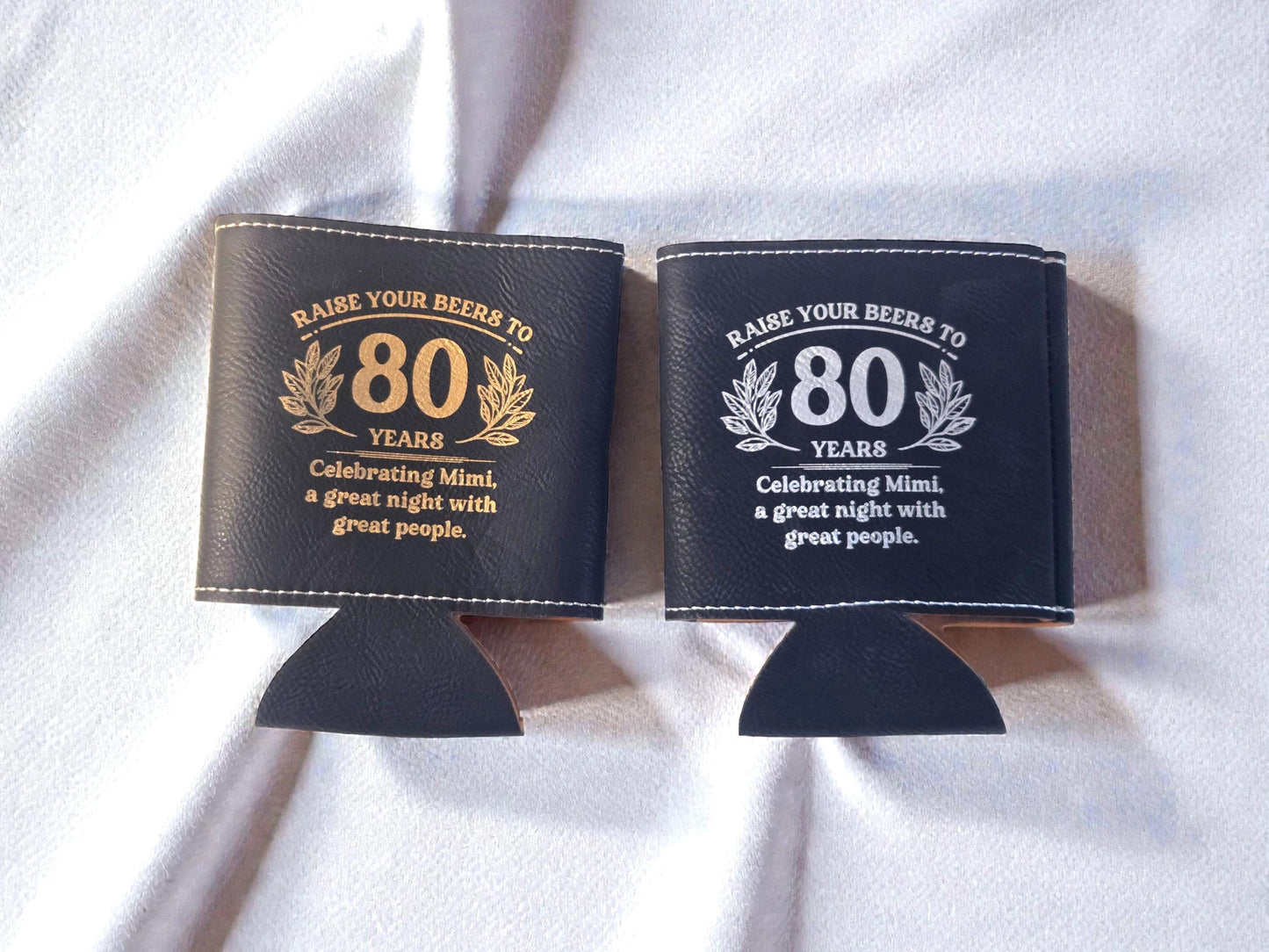 80th Birthday Party Favors, Personalized Engraved Leatherette Can Holder, Bulk Party Favor Gift, Gold/Silver/Brown/Gray/Rawhide