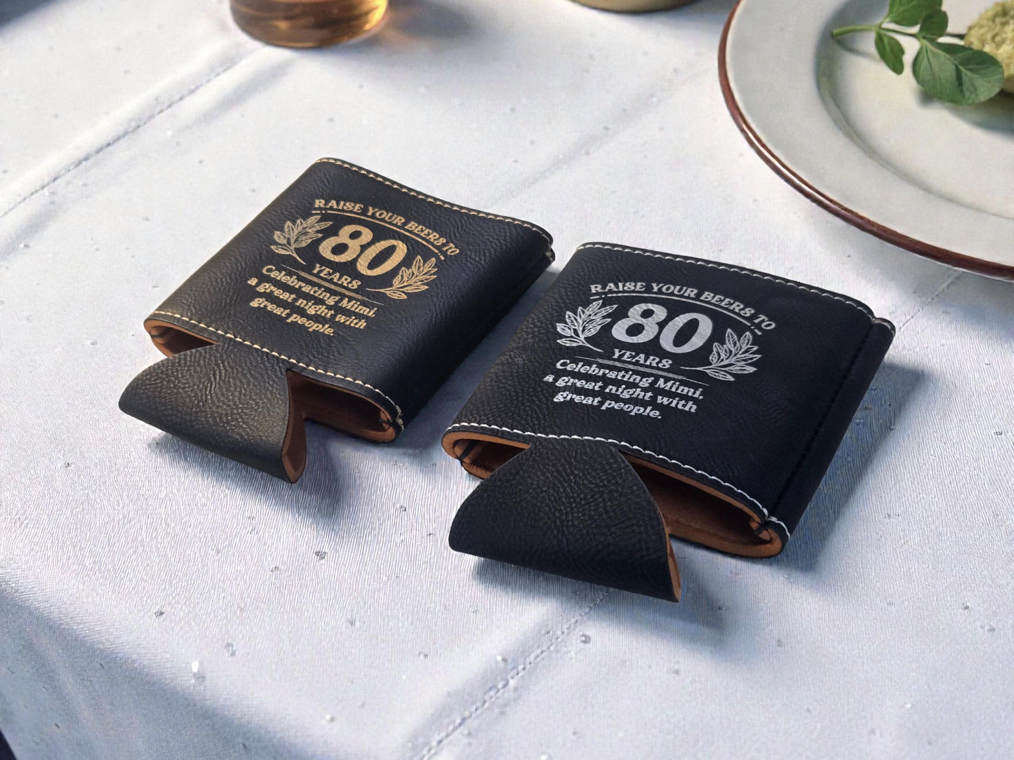 80th Birthday Party Favors, Personalized Engraved Leatherette Can Holder, Bulk Party Favor Gift, Gold/Silver/Brown/Gray/Rawhide