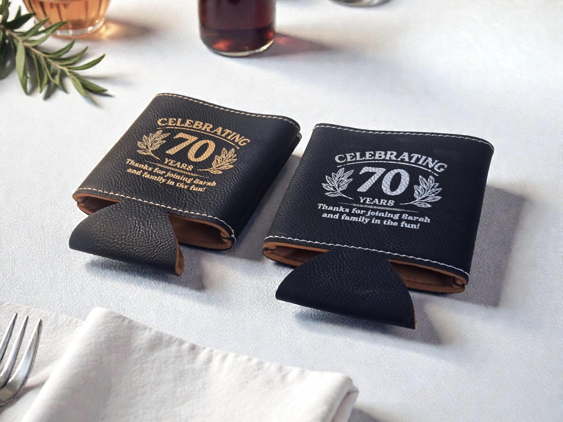 70th Birthday Party Favors, Personalized Engraved Leatherette Can Holder, Bulk Party Favor Gift, Custom Celebratory Gifts