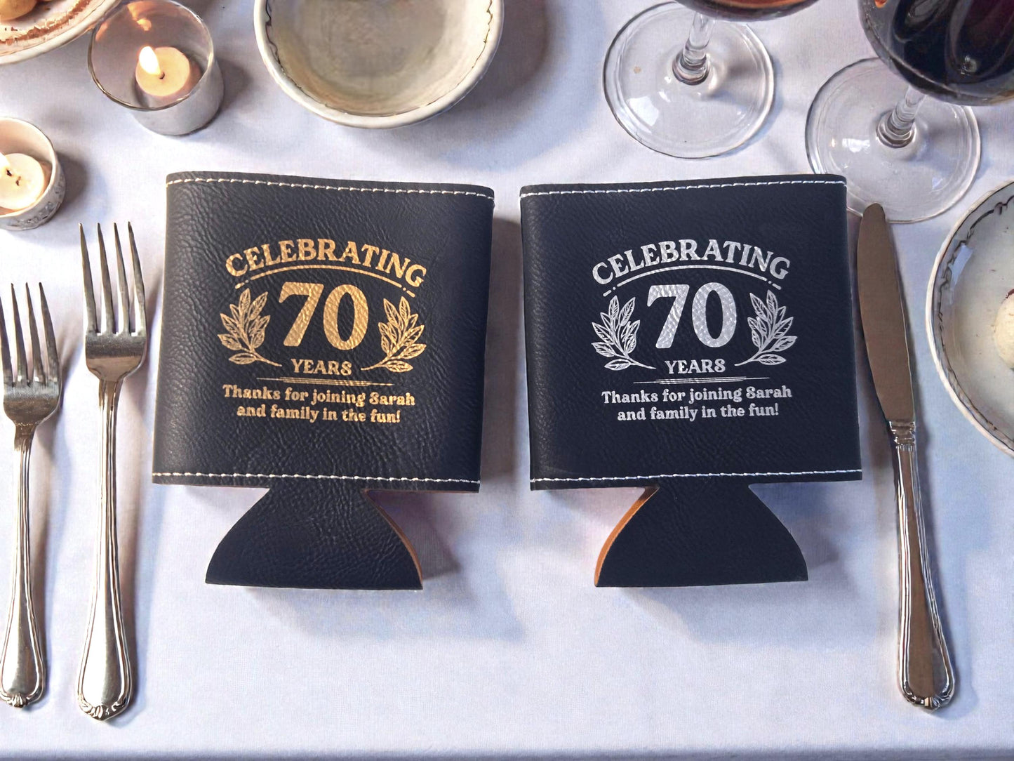 70th Birthday Party Favors, Personalized Engraved Leatherette Can Holder, Bulk Party Favor Gift, Custom Celebratory Gifts