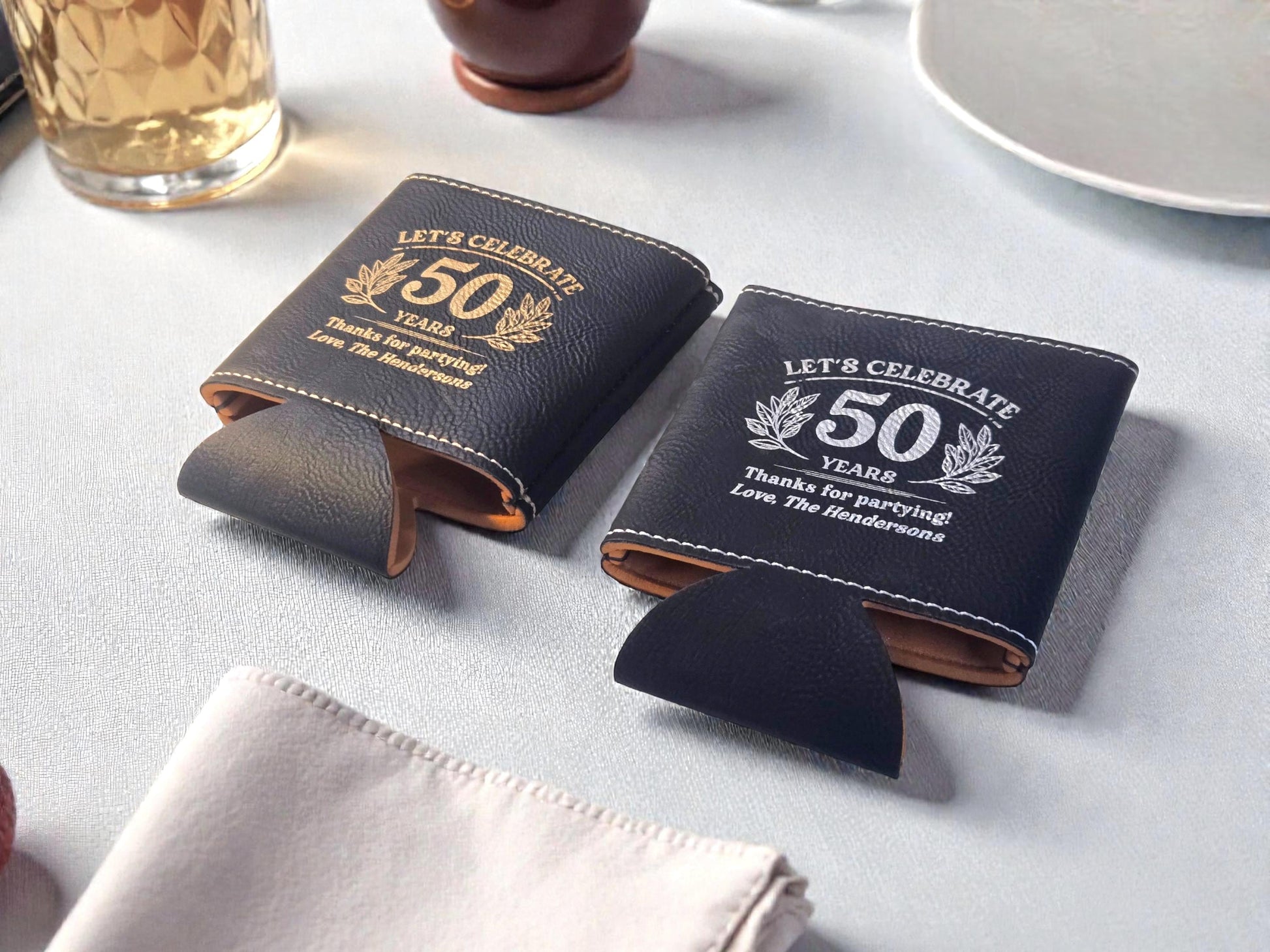 50th Birthday Party Favors, Personalized Engraved Leatherette Can Holder, Bulk Party Favor Gift, Custom Celebratory Gifts
