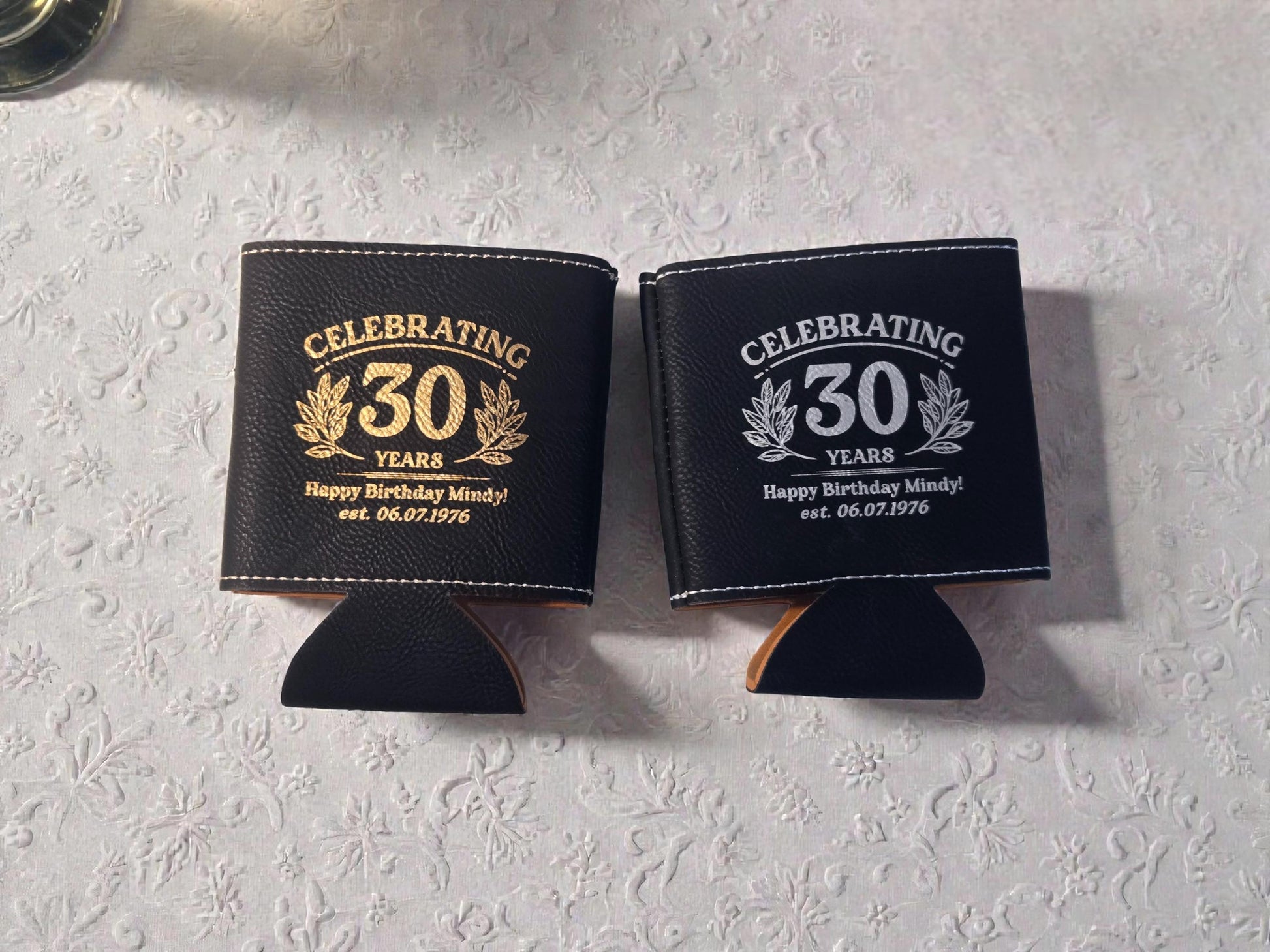 30th Birthday Party Favors, Personalized Engraved Leatherette Can Holder, Bulk Party Favor Gift, Custom Celebratory Gifts