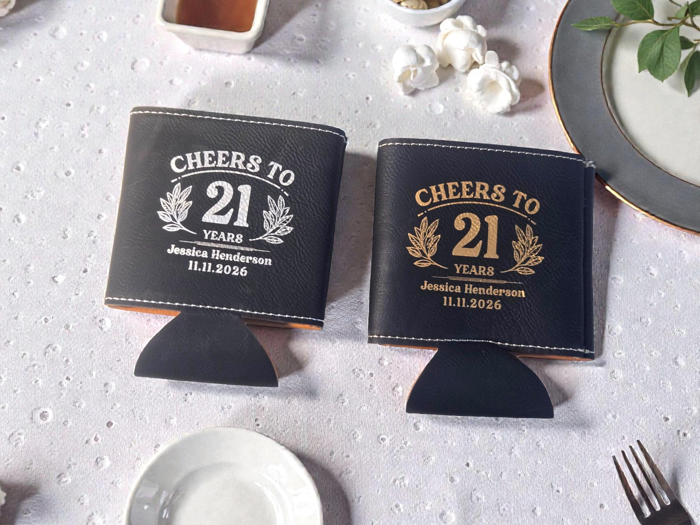 21st Birthday Party Favors, Personalized Engraved Leatherette Can Holder, Bulk Party Favor Gift, Silver/Gold/Gray/Brown/Rawhide